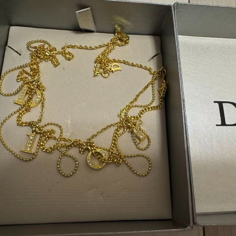 Gold Tone Layered Chain Necklace w/ Letter Charms Rhinestone Detail